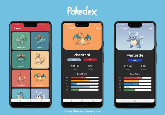 "Screenshots of the Pokedex app from Skydoves on GitHub"