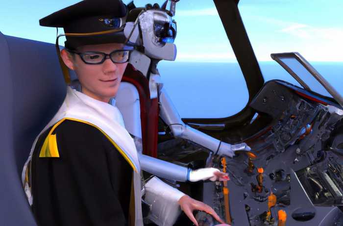 "A human pilot in a cockpit accompanied by an android copilot."
